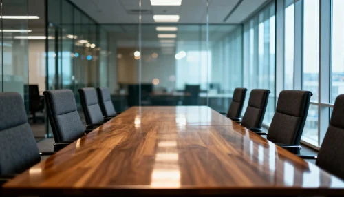 modern corporate boardroom with wooden meeting table