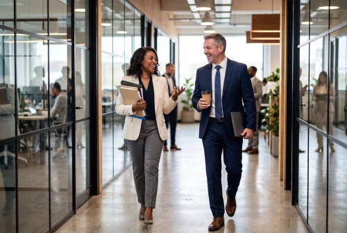 mature business professionals walking and talking in modern office photo